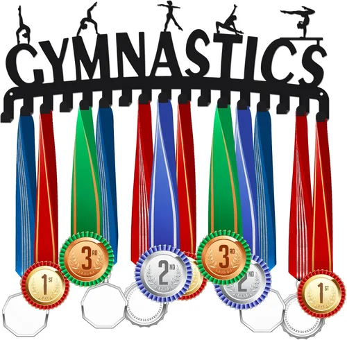 SUPERDANT Soporte de exhibición de medallas deportivas de gimnasia para mujer, colgador de montaje en pared de metal con 17 ganchos para exhibición