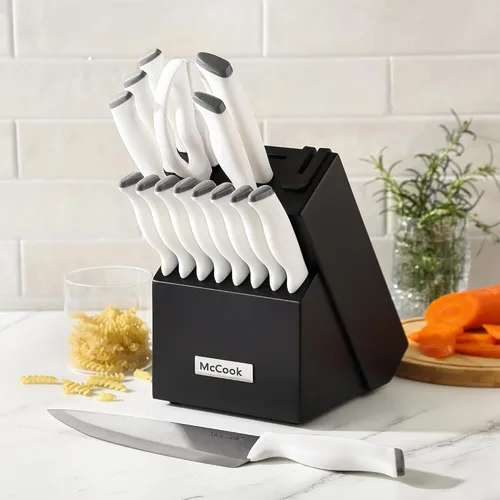 Miniatura 7 de McCook Juegos de cuchillos, juegos de bloques de cuchillos de cocina de acero inoxidable alemán con afilador incorporado Blanco/Negro