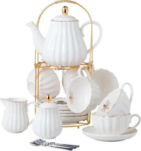 Miniatura 8 de CLAY TONIC- Juego de tazas de té y café de porcelana fina púrpura de 8 oz, tazas y platillos, con tetera, azucarero, jarra para crema, cucharaditas