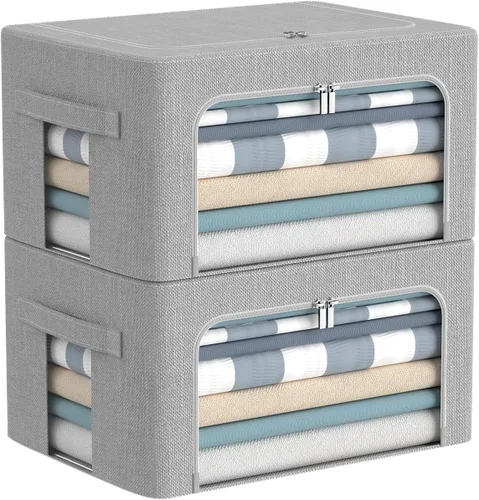 Miniatura 17 de CYhom Caja de almacenamiento de ropa, juego organizador plegable de tela de lino con ventana transparente, asas de transporte y marco de metal, 2