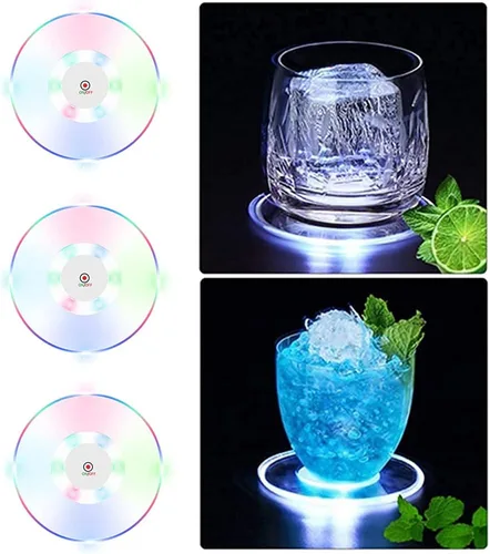 3 posavasos LED coloridos para cócteles, posavasos redondos ultrafinos con luces LED, posavasos luminosos, 3.9 pulgadas, antideslizantes e