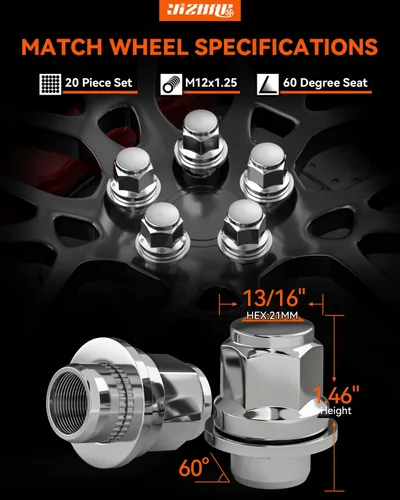 Miniatura 8 de YIZBAP 20 tuercas plateadas de 12 x 1.25 pulgadas, tuercas de rueda OEM Mag Washer Style Factory, 1.46 pulgadas de alto 13/16 pulgadas (0.827 in)