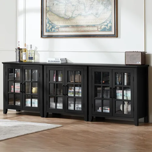 Miniatura 25 de Aparador Grande Buffet con Almacenamiento, 32" Mueble de Cocina Estilo Granja Azul Marino para Café y Vino con 2 Puertas de Vidrio, Mesa Aparador