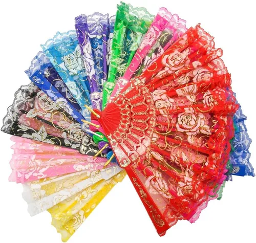 TrendBox - Abanico chino de mano en encaje de rosas, diseño elegante vintage retro, plegable, para damas, para bailes de bola, 1 juego (10 colores)