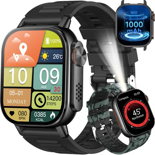 KPEP Military Watches for Men (2 Straps), 2.01" Fitness Tracker Watch with LED Flashlight, 100 Days Battery, Compass, SpO2 Heart Rate Monitor, Sleep