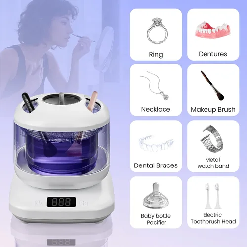 Miniatura 6 de Máquina limpiadora de brochas de maquillaje eléctrica, limpiador ultrasónico de joyas con U-V para anillos, collares, cepillo de maquillaje