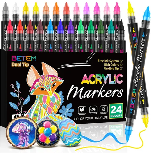 Betem - Marcadores de pintura acrílica con 24 colores, punta doble, marcadores de pintura líquida directa con sistema de control de tinta