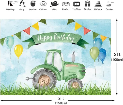 Miniatura 2 de Telón de fondo de cumpleaños de tractor verde de granja de 5 x 3 pies para decoración de fiesta de cumpleaños de niños, fondo de fotografía, globo