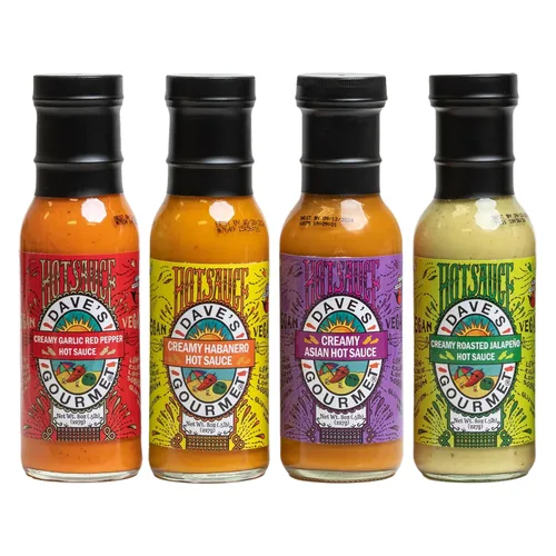 Dave's Gourmet Salsa picante cremosa, paquete de 4 variedades, jalapeño, ajo, pimiento rojo y salsas asiáticas y habanero, calor medio, textura
