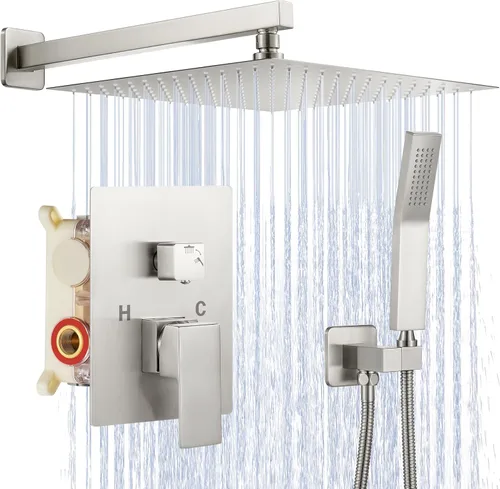 Miniatura 9 de JOMEOO® Juego de grifo de ducha de 12 pulgadas en oro cepillado, sistema de ducha montado en la pared con cabezal de ducha de lluvia de alta presión
