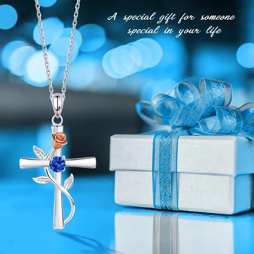 Miniatura 2 de BlingGem Collar de cruz para mujer, plata de ley 925, colgante de cruz de rosa, circonita cúbica 5A, 12 meses de nacimiento, joyería de cumpleaños