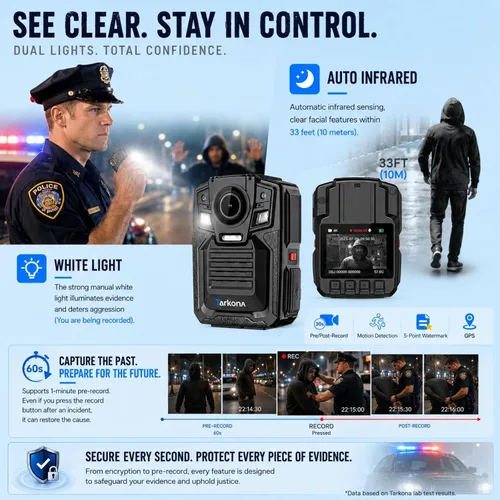 Miniatura 4 de Cámara corporal con GPS, cámara corporal 4K/2160P, 2 baterías 1950MAH, visión nocturna y H.265, cámara de cuerpo de policía de 128G para aplicación