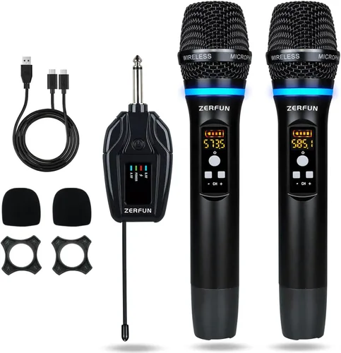 Miniatura 9 de Micrófonos inalámbricos duales recargables, sistema de micrófono inalámbrico de metal UHF micrófono inalámbrico profesional con control de eco