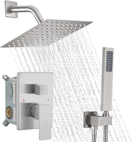 Sistema de ducha de níquel cepillado, regadera de lluvia de alta presión de 8 pulgadas con manopla, juego de grifo de ducha para montar en la pared