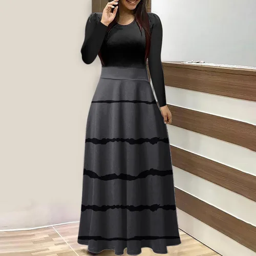 Miniatura 2 de Vestido bohemio con estampado de rayas para mujer, vestido largo de manga larga, cuello redondo, acampanado, maxi vestidos fluidos