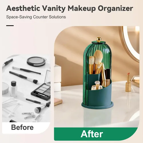 Miniatura 5 de Hvygss Soporte giratorio de 360° para brochas de maquillaje con tapa, organizador de maquillaje impermeable de tres compartimentos, organizador