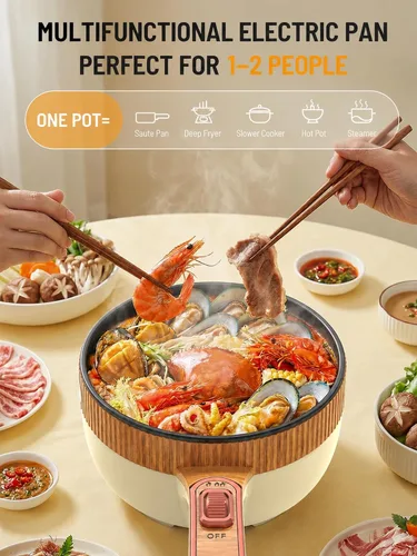 Miniatura 5 de Olla eléctrica, olla eléctrica portátil de 1.5 L, sartén multifuncional para sopa de filete de ramen con potencia ajustable para dormitorio, hogar