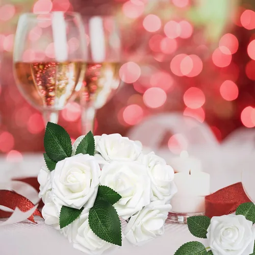 Miniatura 6 de AmyHomie AmyHomie - Lote de 50 rosas artificiales con tallo para ramos de boda Blanco