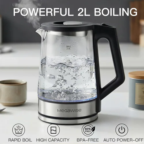 Miniatura 7 de Megawise Hervidor eléctrico de vidrio con apagado automático, sin BPA, tapa interior y base de acero inoxidable, indicador LED azul, fácil limpieza