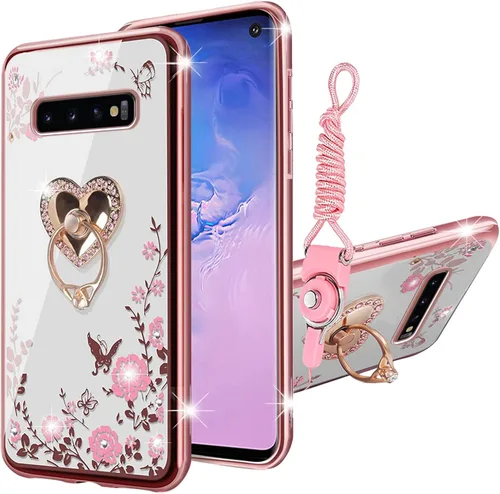 Miniatura 11 de Funda para Samsung Galaxy S10, Galaxy S10 2019 para mujer con purpurina de cristal suave TPU transparente con correa de pie de apoyo