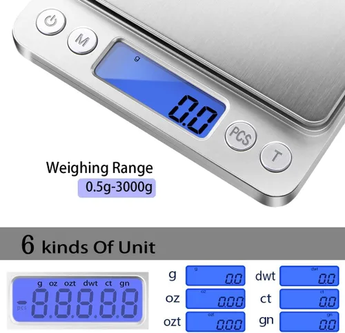 Miniatura 2 de Báscula digital de cocina de Fuzion 105.82 oz/0.1 g, báscula de bolsillo para alimentos, 6 unidades de conversión, báscula de gramos con 2 bandejas