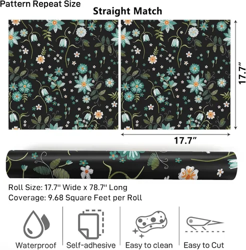 Miniatura 8 de VaryPaper Papel tapiz floral negro de 17.7 x 78.7 pulgadas, diseño de copos de nieve y flores, papel tapiz autoadhesivo extraíble, papel de contacto