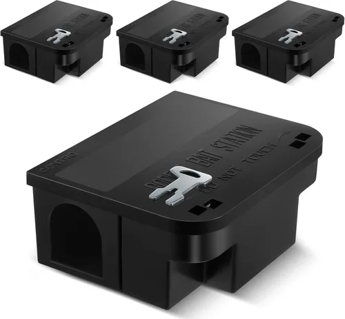 Qualirey 4 piezas Estación de cebo para ratas 22.5 cm x 18.5 cm x 9.2 cm Trampas para ratas con tapa abatible, cajas de bloques con llaves para Negro
