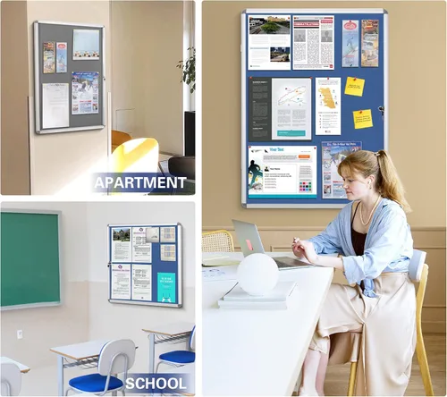 Miniatura 6 de SWANCROWN - Tablero de anuncios con cerradura a prueba de manipulaciones y cerrado para hogar, oficina y escuela, montado en la pared, de tela azul