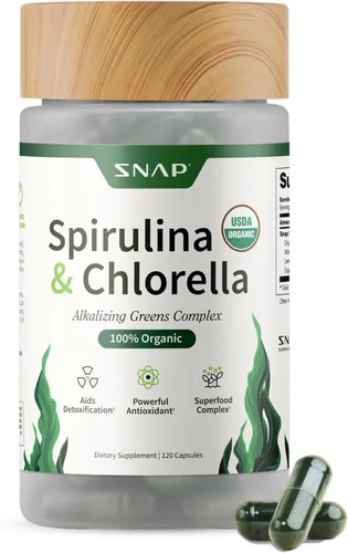 USDA Cápsulas orgánicas de Chlorella Spirulina – Superalimentos verdes para apoyo cardíaco, energía natural y control de glucosa, vitaminas