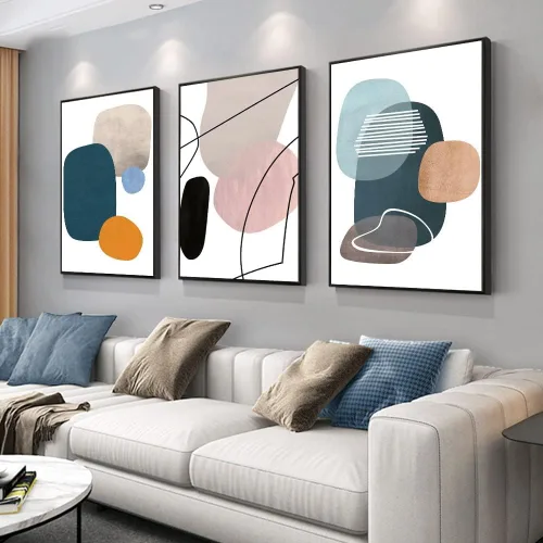 MPLONG Arte de pared, 3 piezas de pinturas decorativas enmarcadas, abstractas, simples, naranjas, blancas, azules y otros bloques de color, arte de
