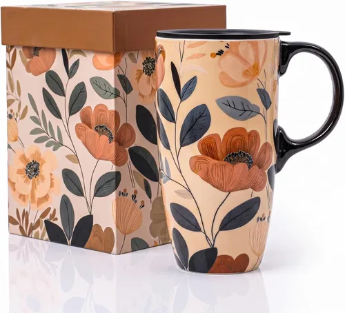 Miniatura 12 de Topadorn Taza de Cerámica para Café de Porcelana Latte Taza de Té con Tapa en Caja de Regalo 17oz, Flores Azules