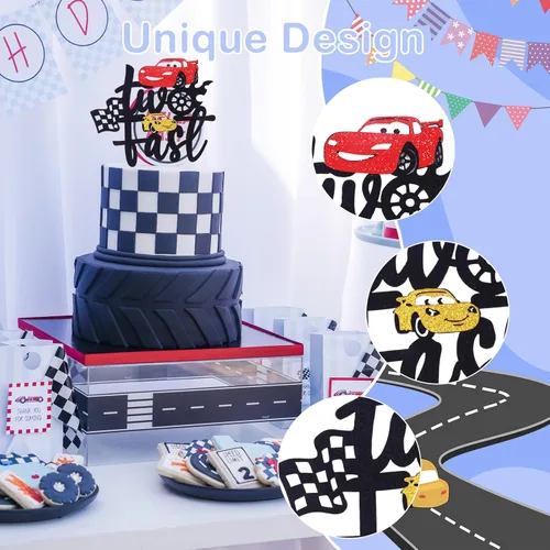 Miniatura 3 de MEMOVAN Decoración de Pastel Dos Rápido Coche de Carreras 2do Decoraciones de Pastel Coche de Carreras Decoración de Pastel de Cumpleaños para Coche