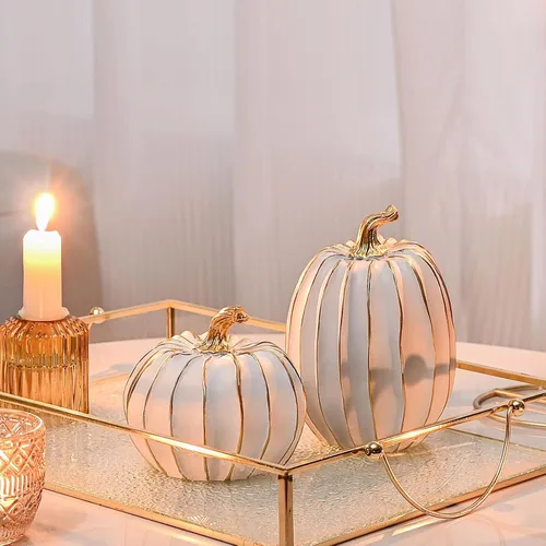 FESTGLOX Decoración de calabaza de otoño, 2 figuras de calabaza falsas de resina de Acción de Gracias, calabazas blancas y doradas para decoración,