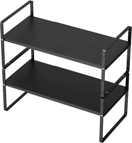 SANNO Organizador de estantes de cocina expandibles, altura ajustable, gran apilable, armario de cocina, organizador de despensa y mostrador, Negro
