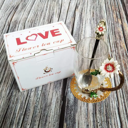 Miniatura 7 de Set de taza de té de cristal esmaltado con girasol sin plomo con cucharita, regalo para Navidad, día de San Valentín. El mejor regalo para tu madre