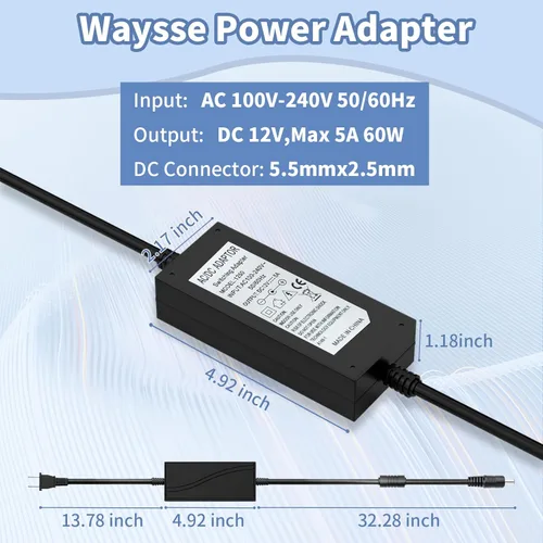 Miniatura 3 de Fuente de alimentación de 12 V 5 A, adaptador AC DC Waysse, convertidor de 100-240 V a transformador de 12 voltios 5 A 5.5x2.1mm para tira de luz