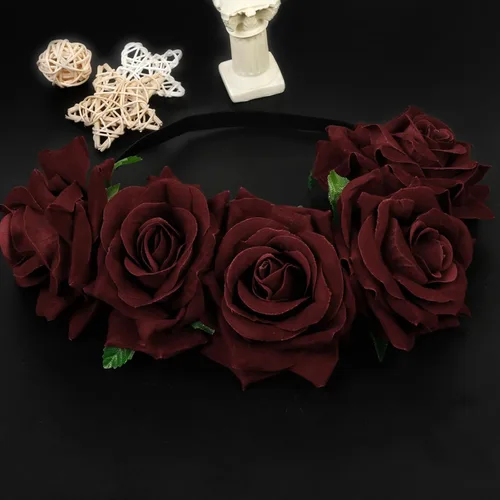Miniatura 7 de WOVOWOVO Diademas florales de corona de rosas oscuras para mujer, diadema de rosas falsas rojas para festivales, Halloween, cosplay, disfraces