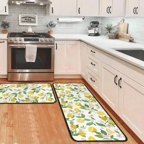 Lemon - Juego de 2 alfombras y tapetes de cocina de microfibra antideslizantes, lavables, absorbentes para el piso, juego de 2 tapetes de cocina de