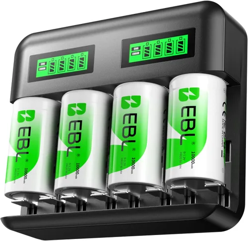 EBL Paquete de 4 baterías recargables D de 1.2 V 10000 mAh de alta capacidad con cargador de batería inteligente LCD para baterías recargables Ni-MH