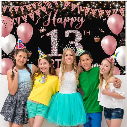 Miniatura 3 de Cartel de fondo de decoración de cumpleaños número 13, decoración de feliz cumpleaños número 13 para niñas, fondo de fotografía de cumpleaños de oro