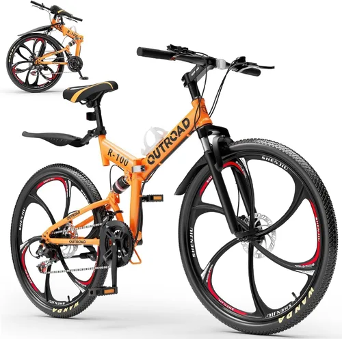 Miniatura 12 de Outroad - Bicicleta de montaña plegable de 26 pulgadas, 21 velocidades, suspensión completa, bicicleta MTB de acero de alto carbono plegable, freno