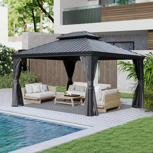 Miniatura 10 de Domi - Cenador de techo rígido de 8 x 8 pies con malla y cortinas, cenador para exteriores con techo doble de acero galvanizado para patio, césped