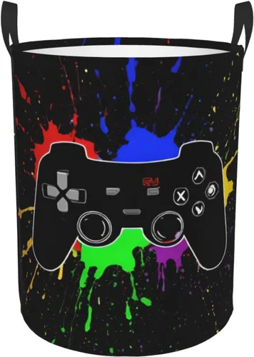 Miniatura 10 de Cesta de Ropa Sucia Redonda con Fondo de Controlador de Videojuegos, Canasta de Almacenamiento de Gadgets Gaming, Organizador de Juguetes y Ropa