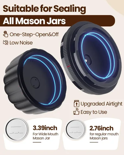 Miniatura 3 de Kit de sellado al vacío de tarros Mason eléctrico mejorado 2026 con tapas Mason de boca ancha y regular, bomba de vacío automática de 80 kpa, Negro
