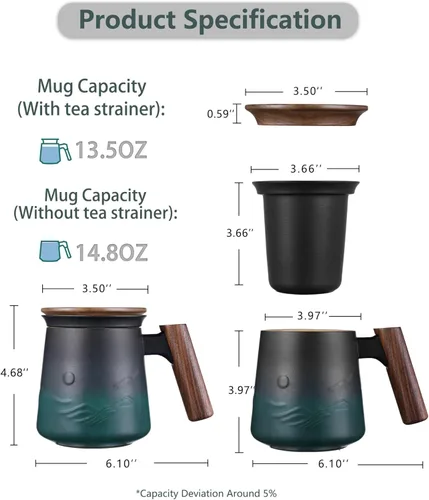 Miniatura 3 de ZENS Taza de Té de Cerámica en Relieve con Infusor y Tapa, 14.5 oz, Asa de Madera, Tazas Infusoras de Té de Hojas Sueltas y Colador para Regalos