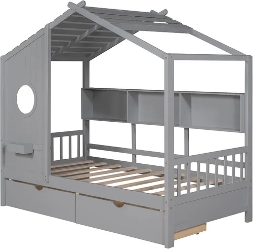Miniatura 5 de MERITLINE Montessori - Cama de casa de tamaño individual con 2 cajones y estantes de almacenamiento, marco de cama de madera para niños, tienda