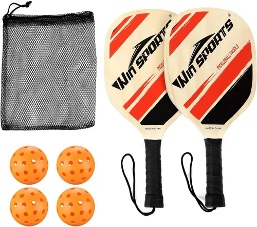 WIn SPORTS - Juego de 2 palas de pickleball de madera, raqueta para principiantes, palas de pepinillo con 2 paletas, 4 bolas y 1 bolsa de