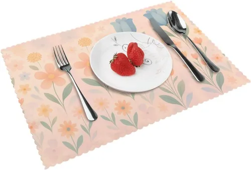 Miniatura 14 de Rectangular Placemats Set of 4, Heat Resistant Dusk Carnation Printed Kitchen Dining Table Mats