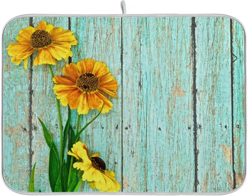 Miniatura 9 de Tapete de secado de platos de flores de fondo negro para encimera de cocina de 18 x 24 pulgadas, tapete de microfibra absorbente, tapete de secado