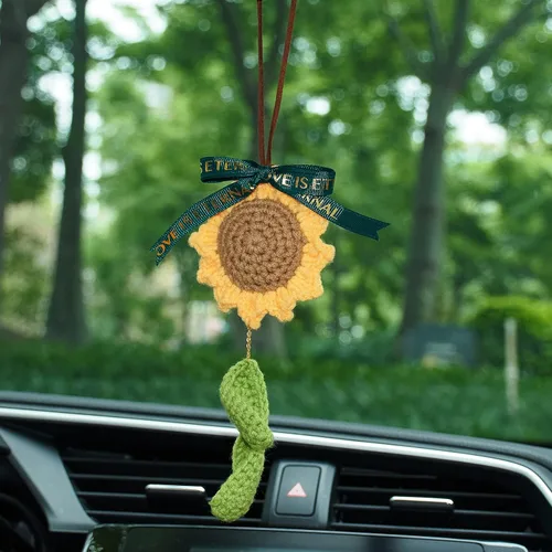 Miniatura 12 de Colgante de cactus de ganchillo para espejo retrovisor de automóvil, plantas peludas, adorno colgante para decoración del interior del automóvil